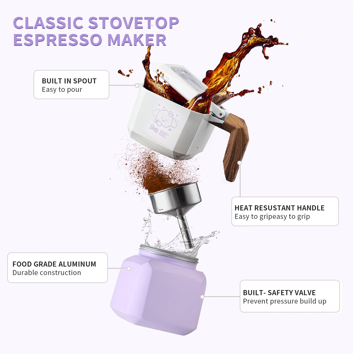 Bincoo Dog Shape Dual Valve Moka Pot Set Stovetop Espresso Maker Cute Animal Design Home Coffee Brewing Kit