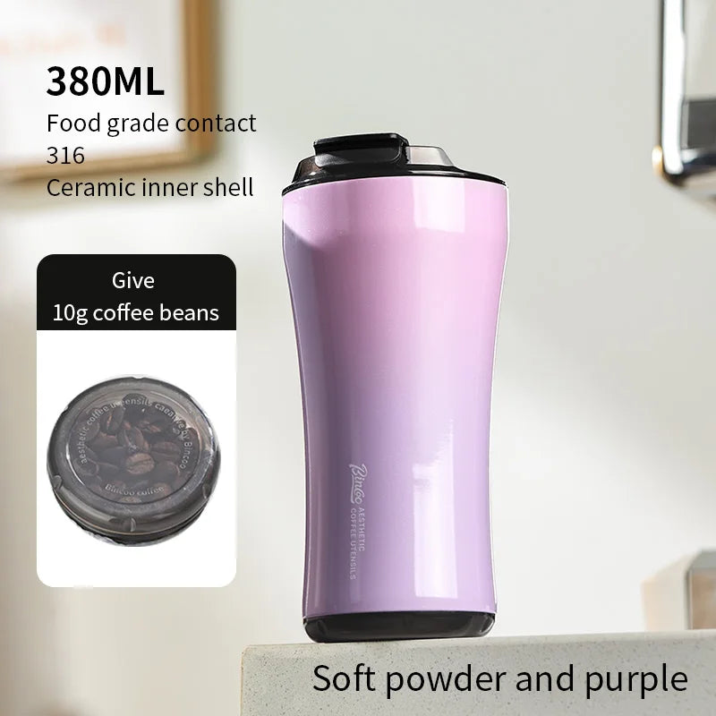 BINCOO 380ML 316 Stainless Steel Coffee Cup, Car Thermos Mug, Leak_Proof Double Wall Ceramic Inner Liner Vacuum Insulated Cups