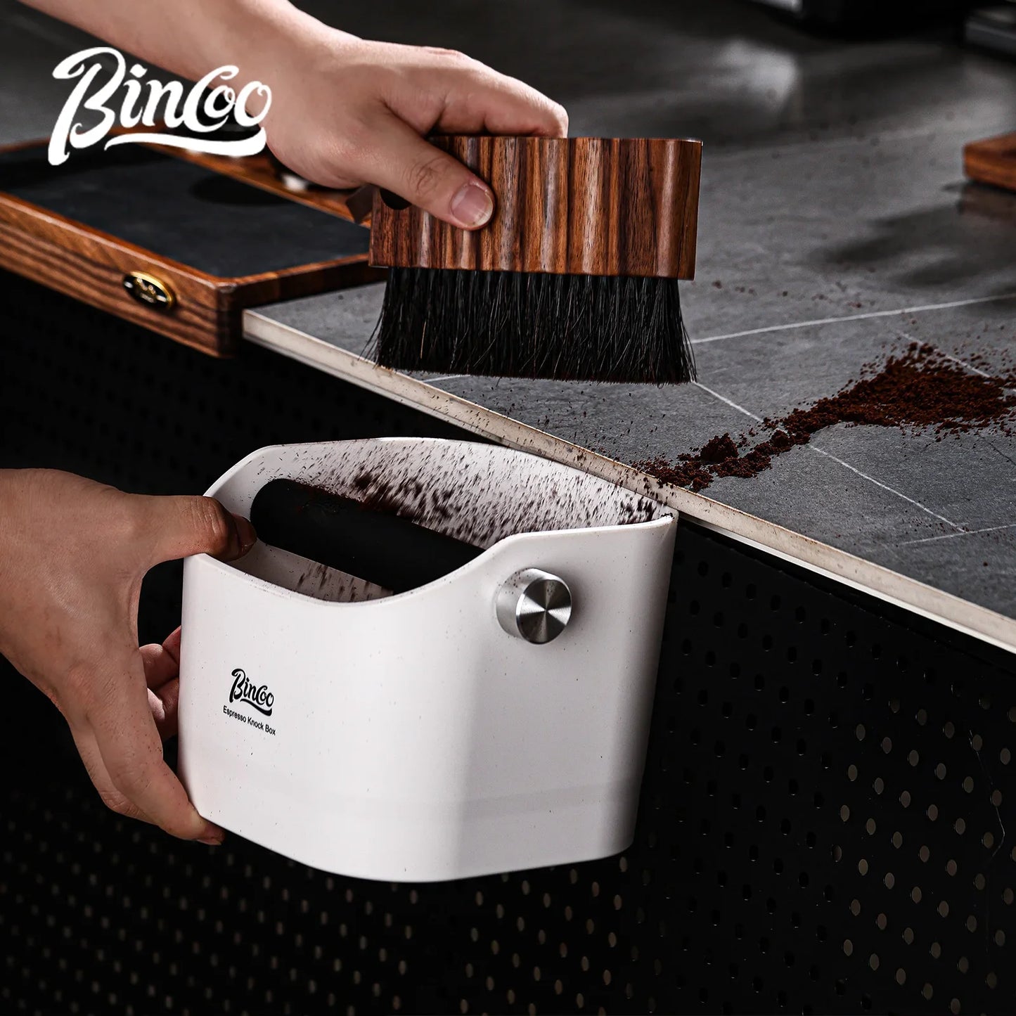 Bincoo Coffee Knock Box Espresso Grounds Container Dump Bin Bucket Anti Slip Powder Beveled Residue Home Cafe Bar Barista Tools