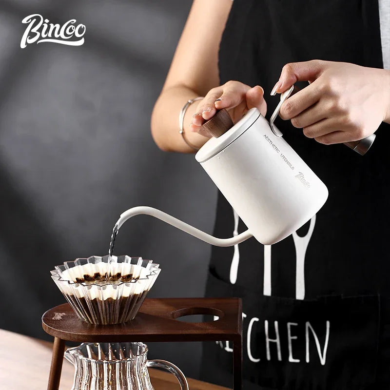 Bincoo 600ML Coffee Pot Gooseneck Kettle Spout 304 Stainless Steel Hand Brewed Espresso Milk Pot Walnut Wood Handle Coffee Maker
