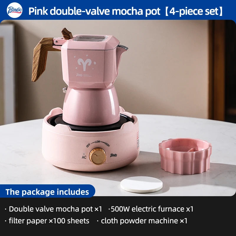 Bincoo Aries Sagittarius Star Dual Valve Moka Pot Espresso Extraction Pot Italian Home Barista Tools Electric Heating Stove 220V