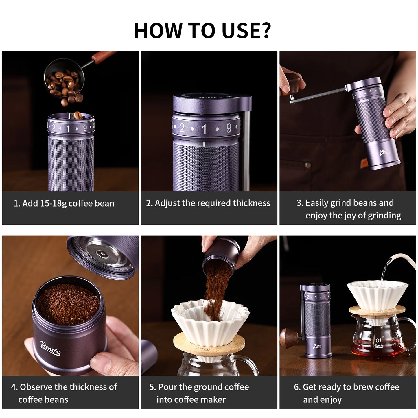 Bincoo Professional  Upgrade Manual Coffee Grinder CNC Stainless Steel Burr Adjustable Foldable Hand-Crank Coffee Bean Grinding