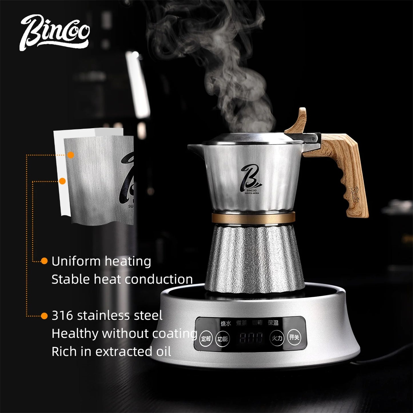 Bincoo Professional 3Valve Moka Pot 316 Steel Construction Rapid Heat Transfer No Coating Safe Home Use Compact Espresso Machine