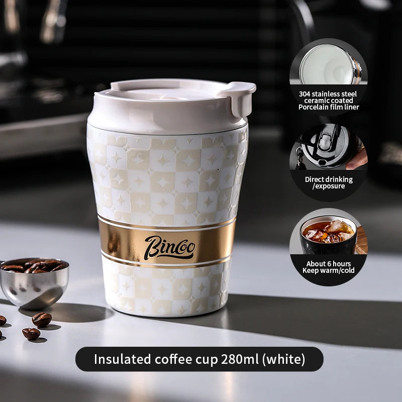 BINCOO 280/500ml Portable Coffee Thermos Cup Double Layered Ceramic Inner Wall Stainless Steel Car Travel Leak-proof Coffee Mugs