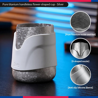 Bincoo Handleless Titanium Frothing Pitcher – Round Spout Latte Art Cup with Measuring Scale, Home Barista Tool