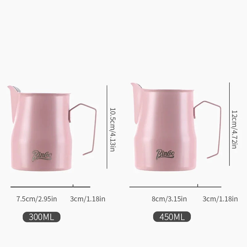 Bincoo GYKF0193 300/450ml Pink Milk Frothing Pitcher Stainless Steel Espresso Steaming Cup with Measurement Scale for Latte Art Barista