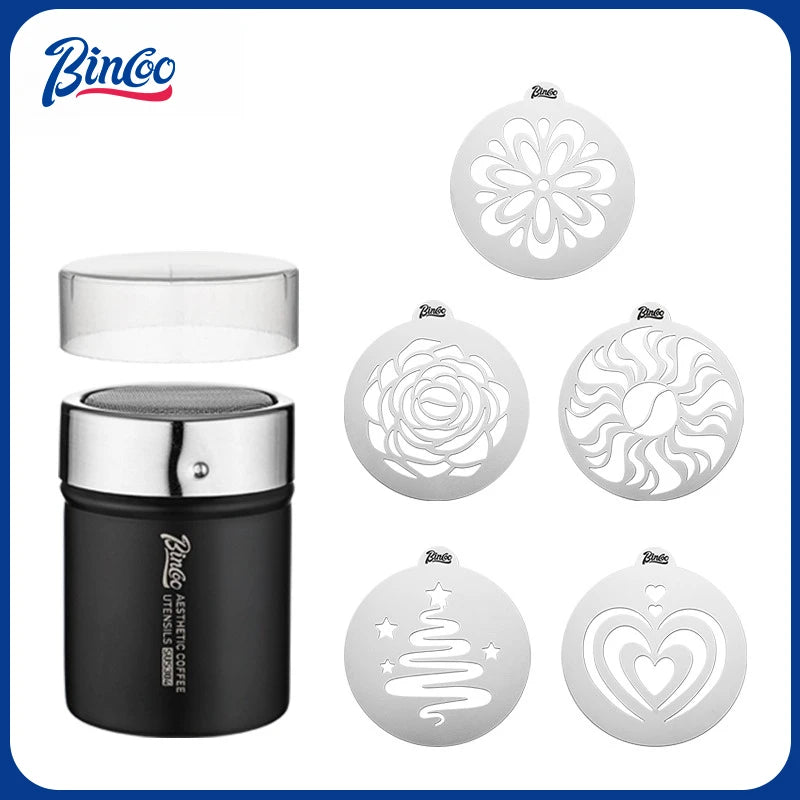 Bincoo GYKF2268  Stainless Steel Latte Art Template, Shaker Sifter Dispenser Duster Container, Tool Fancy Pattern Maker DIY Espresso Mold