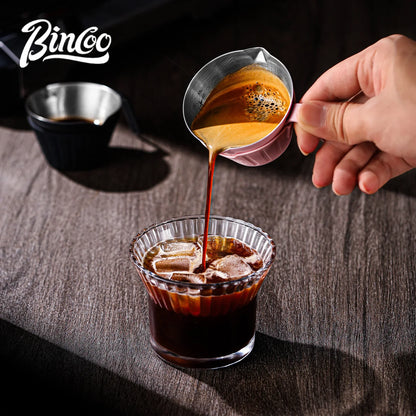 Bincoo 304SS Espresso Shot Glass with Silicone Sleeve 90ml Dual Spout Open Handle Measuring Cup for Coffee Extraction