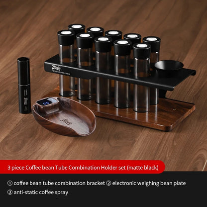 BINCOO Coffee Bean Storage Rack with 8 Airtight Glass Vials & Wooden Base, Single Dose Espresso Bean Dispenser System