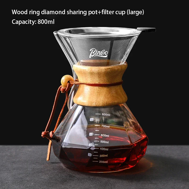 Bincoo Pour Over Coffee Maker Set Borosilicate Glass 800ml Coffee Sharing Pot Set Stainless Steel Coffee Filter Hand Dripper Pot