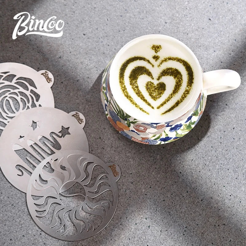 Bincoo GYKF2268  Stainless Steel Latte Art Template, Shaker Sifter Dispenser Duster Container, Tool Fancy Pattern Maker DIY Espresso Mold