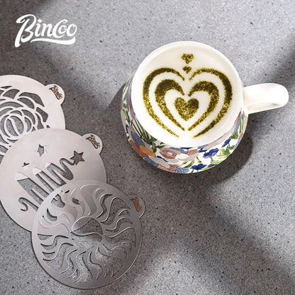 Bincoo GYKF2268  Stainless Steel Latte Art Template, Shaker Sifter Dispenser Duster Container, Tool Fancy Pattern Maker DIY Espresso Mold
