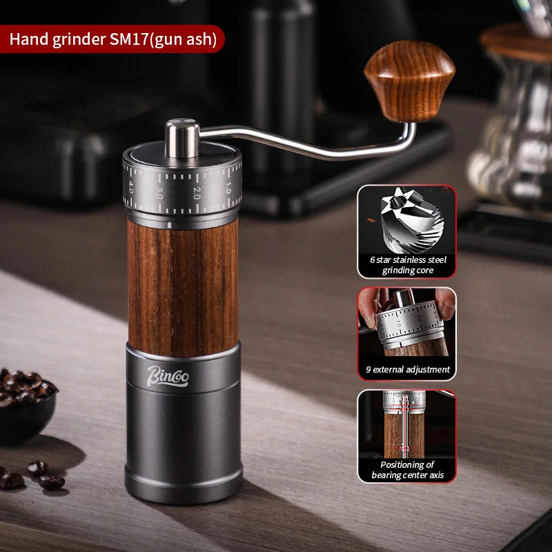 Bincoo Manual Coffee Grinder 38mm CNC 420 6-Star Steel Burr 9-Grade External Adjustment Aluminum Body for Precise Hand Grinding
