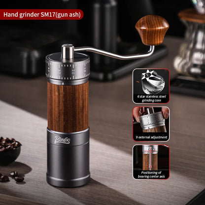 Bincoo Manual Coffee Grinder 38mm CNC 420 6-Star Steel Burr 9-Grade External Adjustment Aluminum Body for Precise Hand Grinding