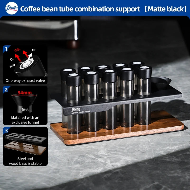 BINCOO Coffee Bean Storage Rack with 8 Airtight Glass Vials & Wooden Base, Single Dose Espresso Bean Dispenser System