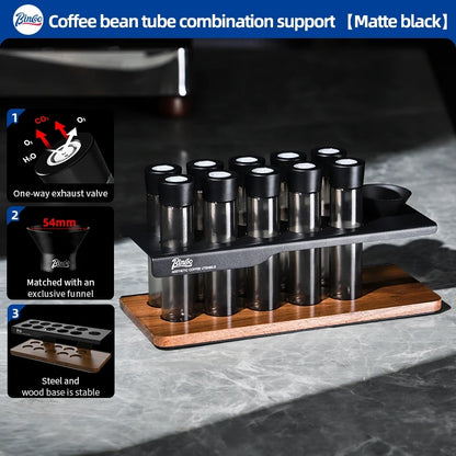 BINCOO Coffee Bean Storage Rack with 8 Airtight Glass Vials & Wooden Base, Single Dose Espresso Bean Dispenser System