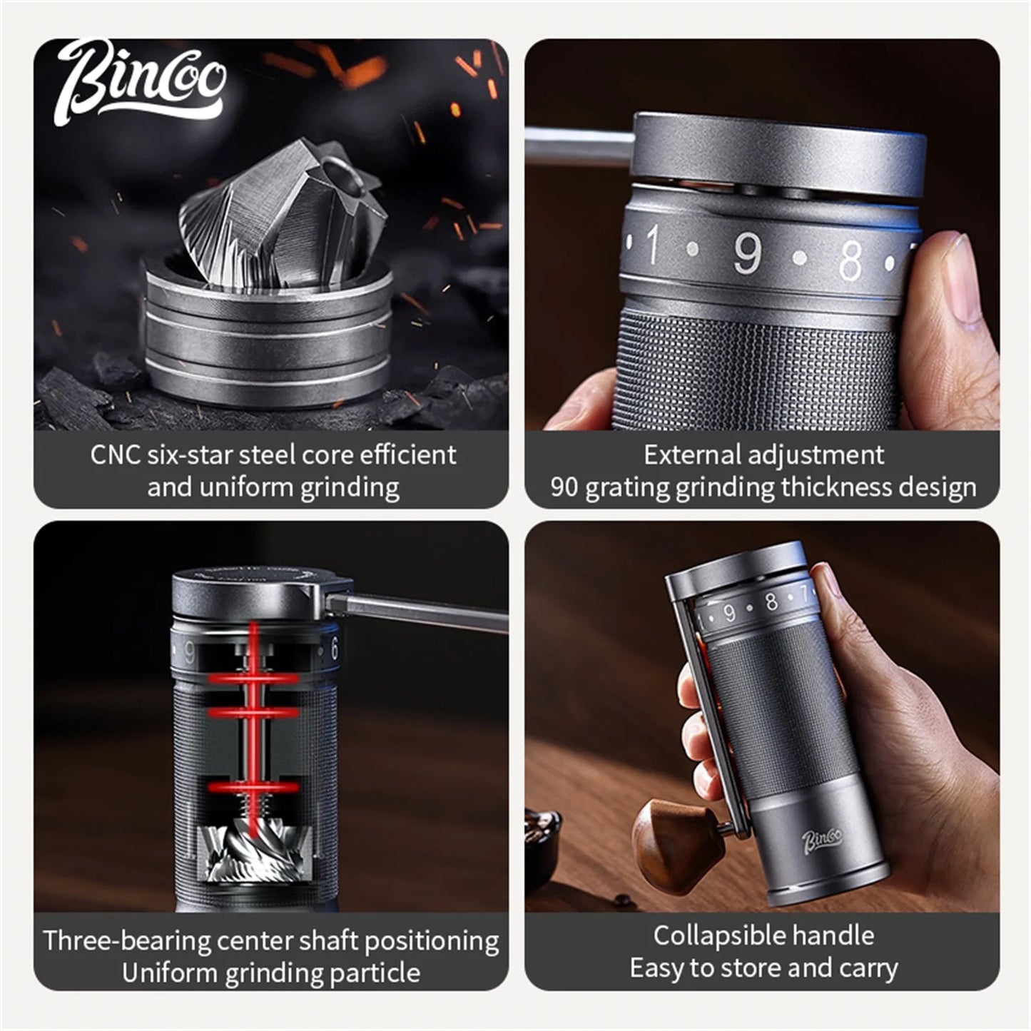 Bincoo Professional  Upgrade Manual Coffee Grinder CNC Stainless Steel Burr Adjustable Foldable Hand-Crank Coffee Bean Grinding