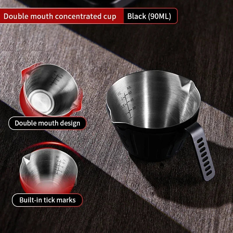 Bincoo 304SS Espresso Shot Glass with Silicone Sleeve 90ml Dual Spout Open Handle Measuring Cup for Coffee Extraction