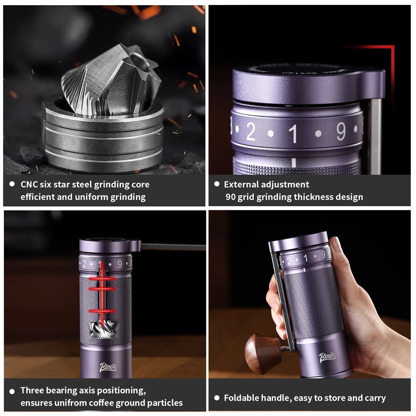 Bincoo Professional  Upgrade Manual Coffee Grinder CNC Stainless Steel Burr Adjustable Foldable Hand-Crank Coffee Bean Grinding