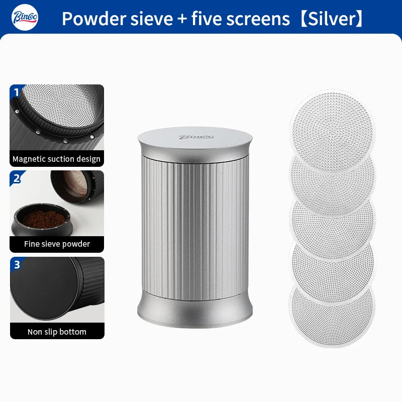 Bincoo Aluminum Alloy Coffee Powder Spreader With Five Powder sifter Mesh Shaker Duster Powder Sieve Professional Home Barista