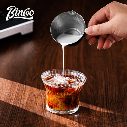 Bincoo 304SS Espresso Shot Glass with Silicone Sleeve 90ml Dual Spout Open Handle Measuring Cup for Coffee Extraction