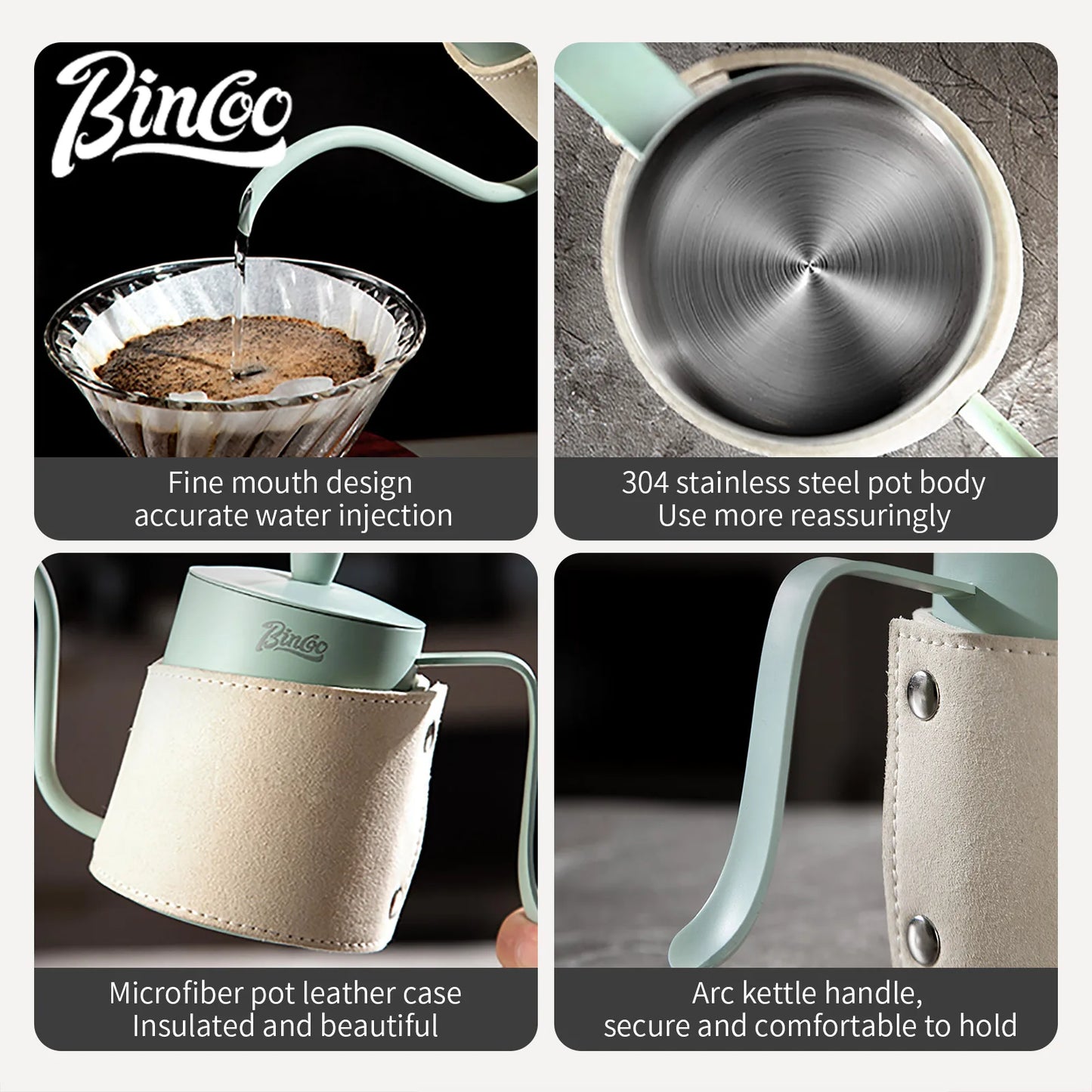 Bincoo 350ML Hand Brewed Coffee Pot Stainless Steel Goose Neck Long Spout Narrow Mouth with Handle Milk Foam Teapot Kitchen Tool