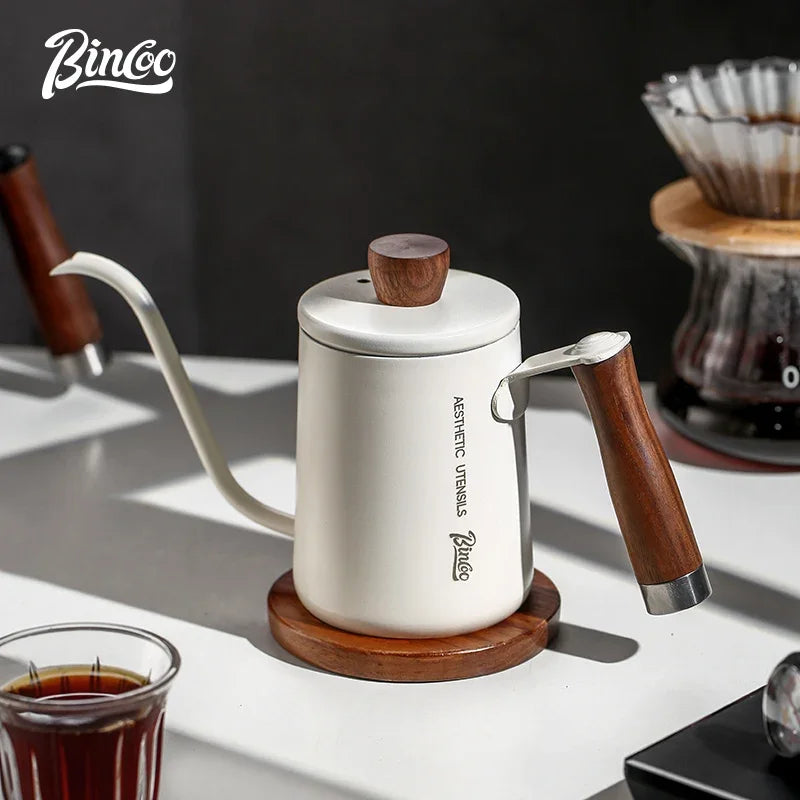 Bincoo 600ML Coffee Pot Gooseneck Kettle Spout 304 Stainless Steel Hand Brewed Espresso Milk Pot Walnut Wood Handle Coffee Maker