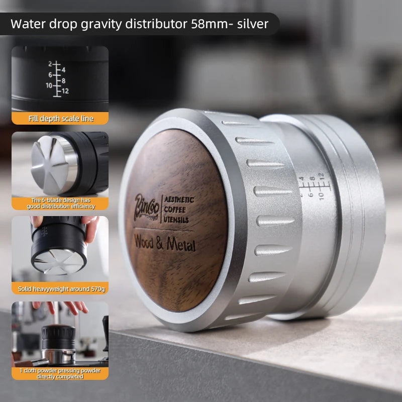 Bincoo Self Gravity Powder Distributor Stainless Steel Powder Hammer 58.35/58mm Automatic Height Adjustment Italian Barista Tool