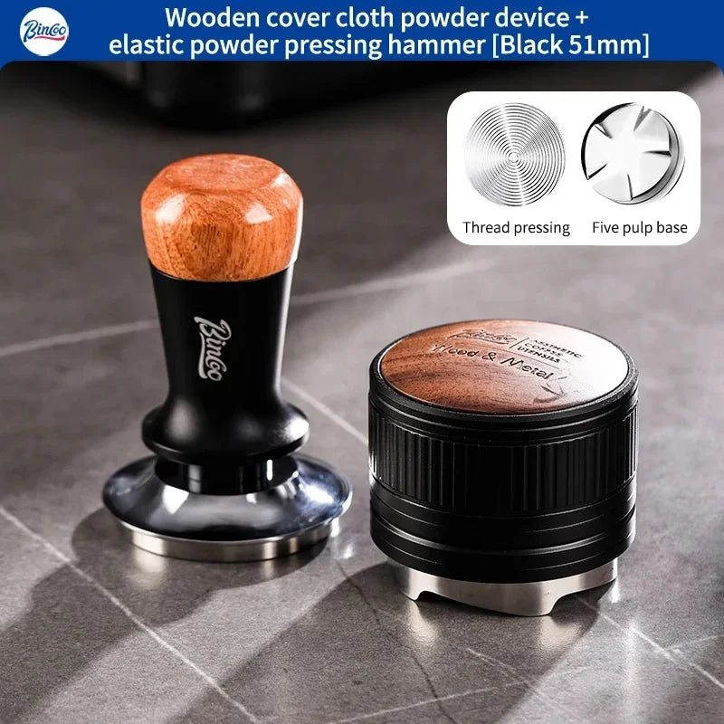 Bincoo 51/58MM Espresso Dispenser with Wooden Lid Adjustable Depth Coffee Masher Leveler Combination Set Home Barista Tools