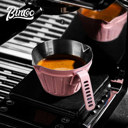 Bincoo 304SS Espresso Shot Glass with Silicone Sleeve 90ml Dual Spout Open Handle Measuring Cup for Coffee Extraction