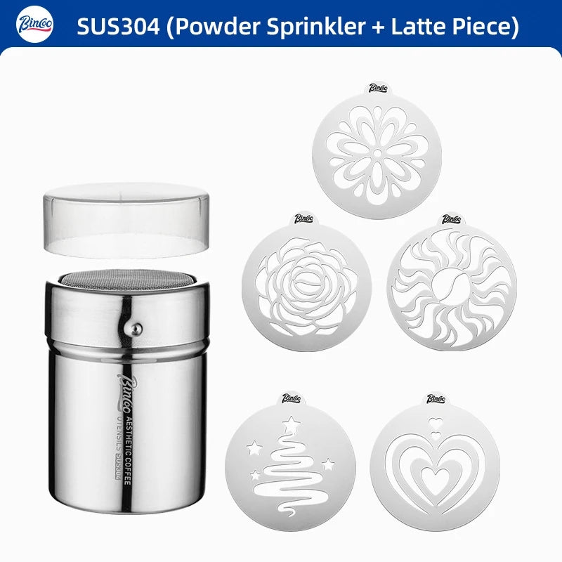 Bincoo GYKF2268  Stainless Steel Latte Art Template, Shaker Sifter Dispenser Duster Container, Tool Fancy Pattern Maker DIY Espresso Mold