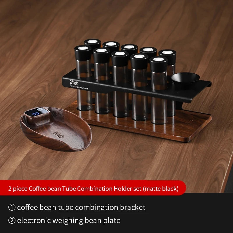 BINCOO Coffee Bean Storage Rack with 8 Airtight Glass Vials & Wooden Base, Single Dose Espresso Bean Dispenser System