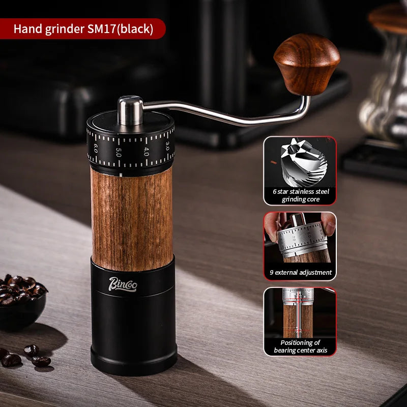 Bincoo Manual Coffee Grinder 38mm CNC 420 6-Star Steel Burr 9-Grade External Adjustment Aluminum Body for Precise Hand Grinding