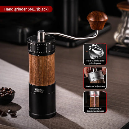 Bincoo Manual Coffee Grinder 38mm CNC 420 6-Star Steel Burr 9-Grade External Adjustment Aluminum Body for Precise Hand Grinding