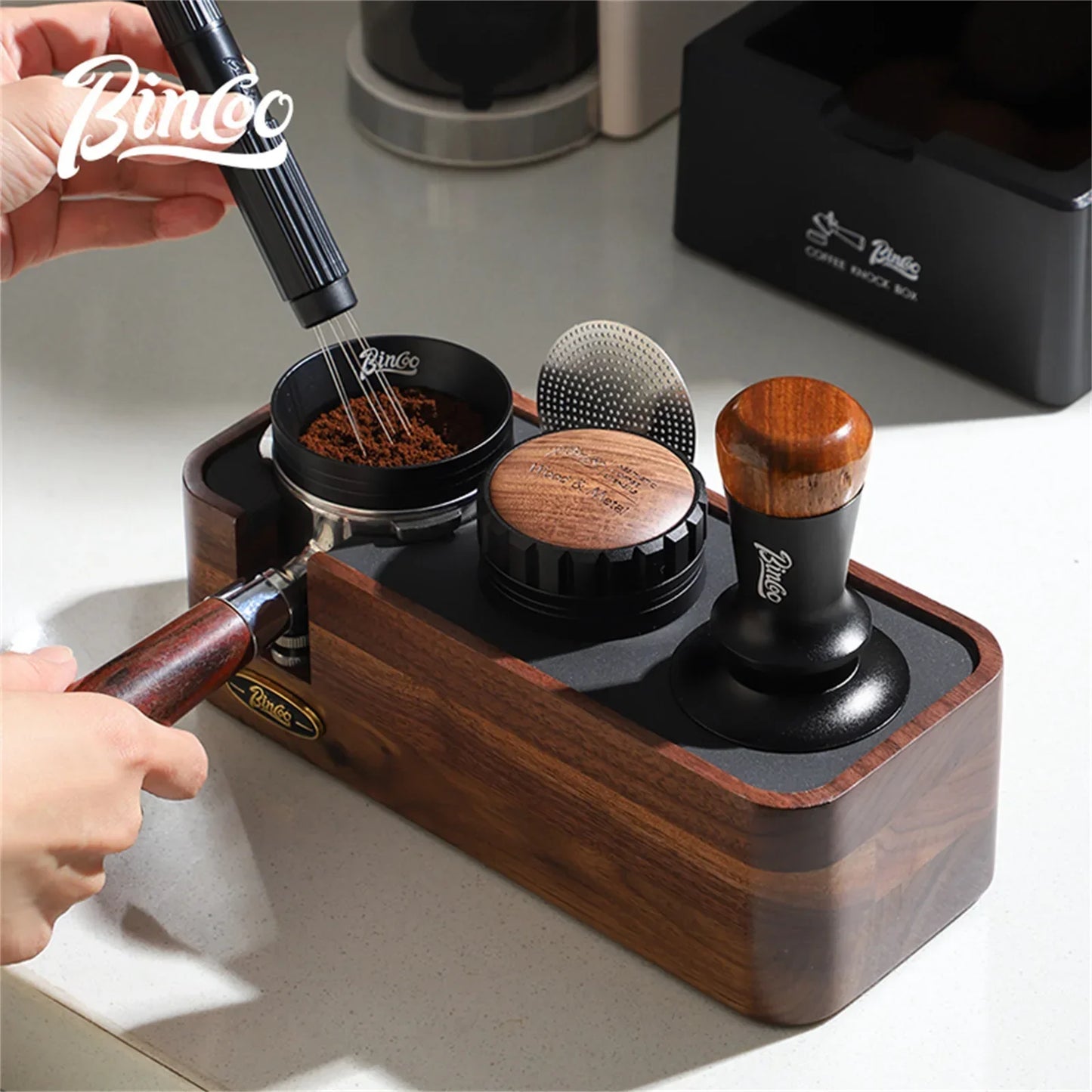 Bincoo Professional Espresso Tamping Station Portafiler Holder Wood Base with Distributor&Tamper 51/58mm Coffee Barista Tool Set
