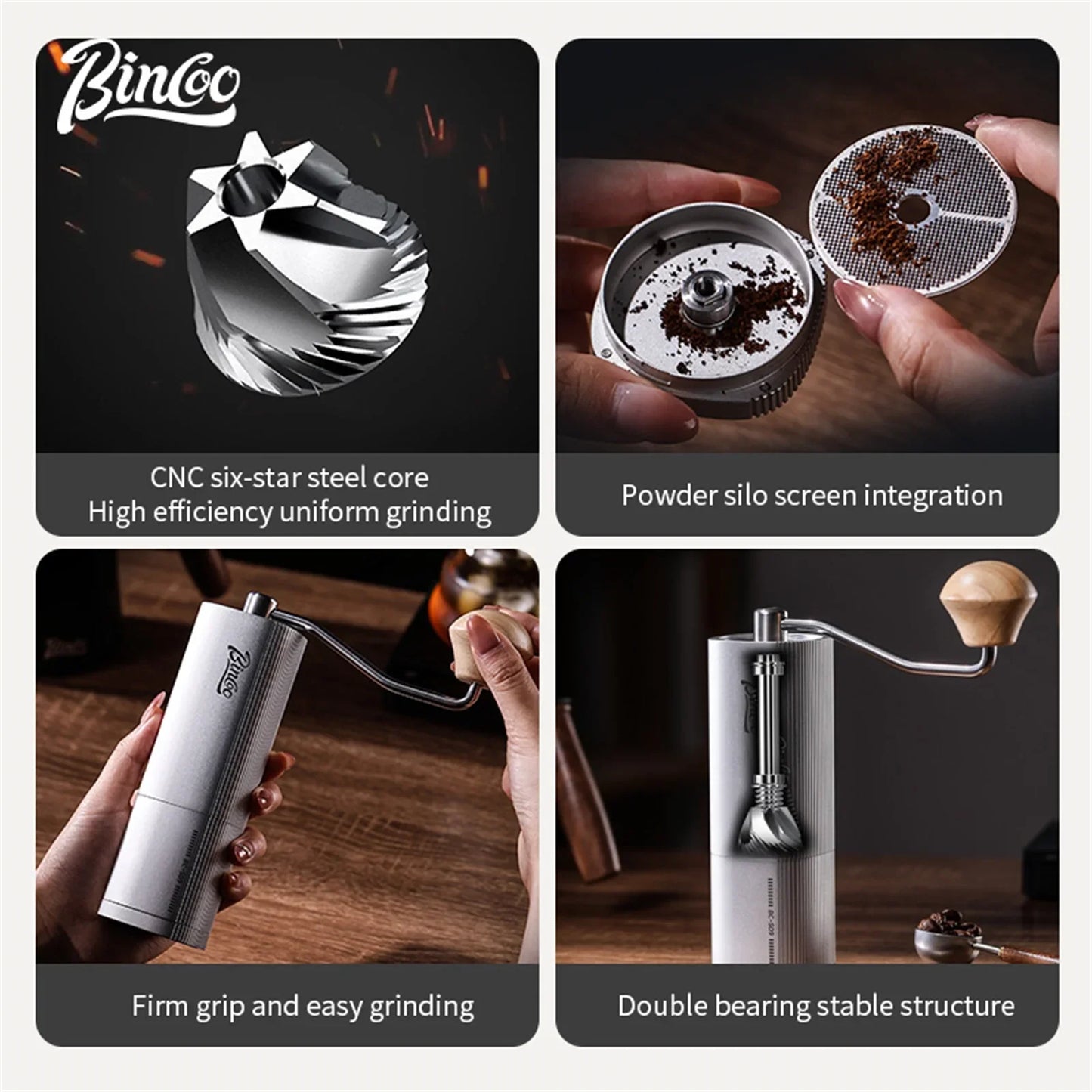 Bincoo Chestnut Manual Coffee Grinder Upgrade All-metal Body & Anti-slip Design Portable Hand Grinder CNC Burr Inside Barista