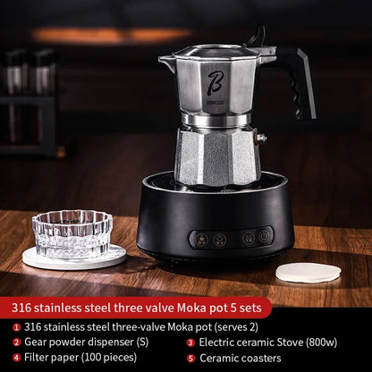 Bincoo Three valve Moka Pot Stainless Steel Body Electric Pottery Pot Home Italian Espresso Coffee Pot Set Barista Accessories