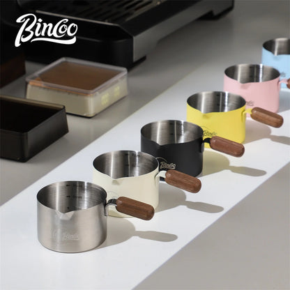 Bincoo Stainless Steel Espresso Measuring Cup With Wood Handle Espresso Shot Cup for Coffee Extraction and Milk Frothing Barista