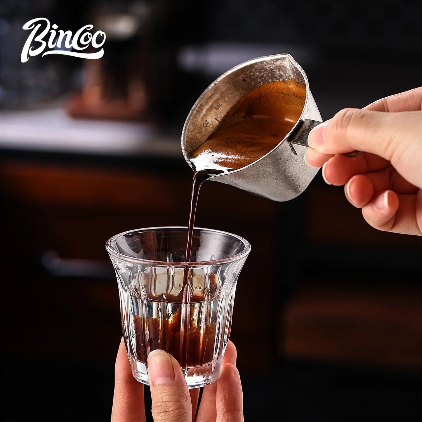 Bincoo Premium Titanium Double Eagle Spout Measuring Cup 90ml with Visible Scale for Home Baristas Large Capacity Easy Flow