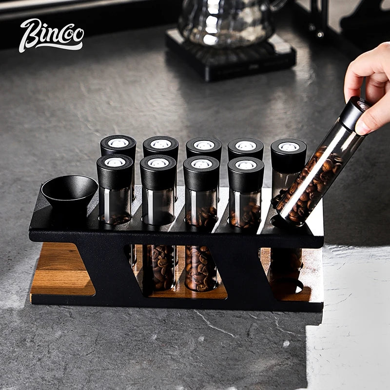 BINCOO Coffee Bean Storage Rack with 8 Airtight Glass Vials & Wooden Base, Single Dose Espresso Bean Dispenser System