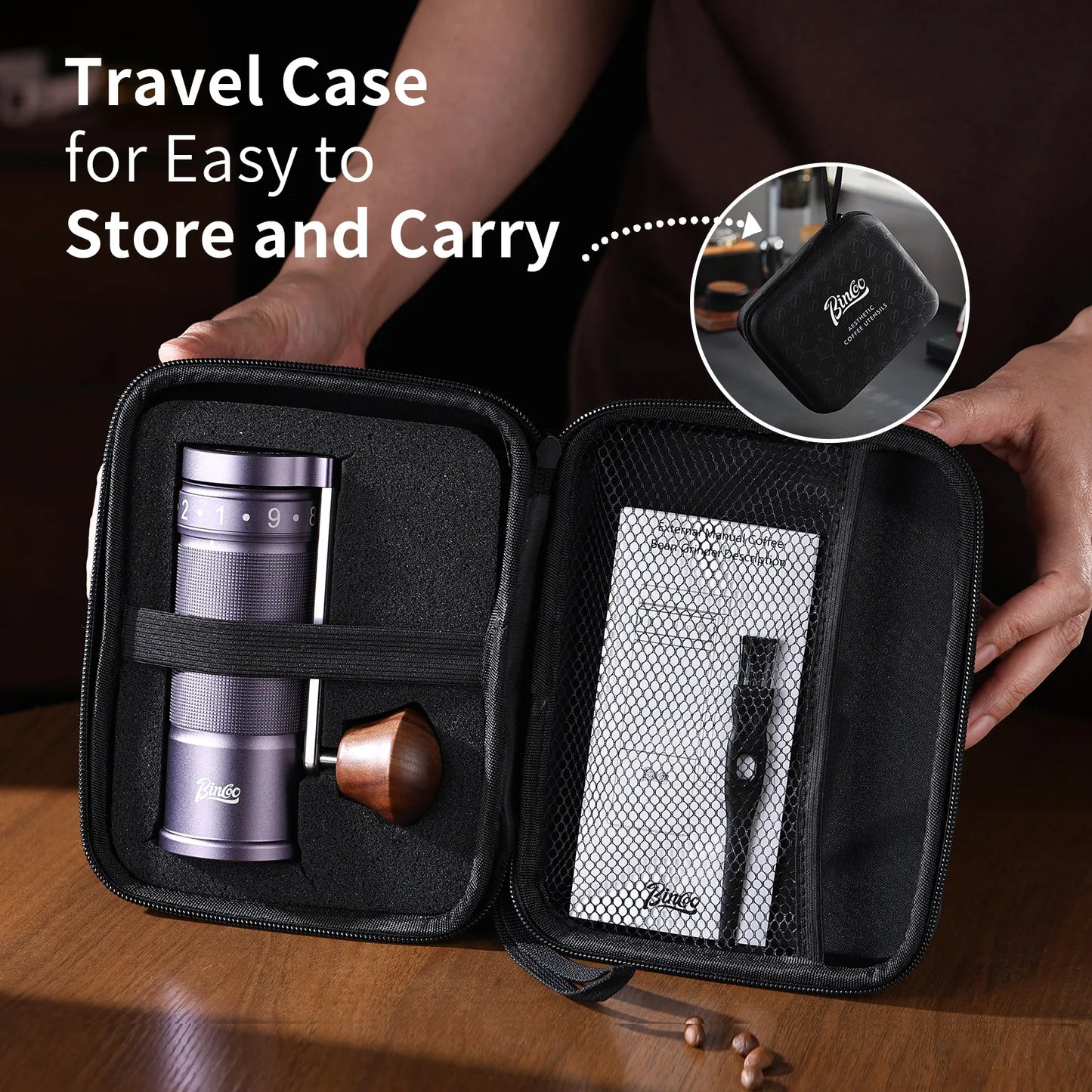 Bincoo Professional  Upgrade Manual Coffee Grinder CNC Stainless Steel Burr Adjustable Foldable Hand-Crank Coffee Bean Grinding