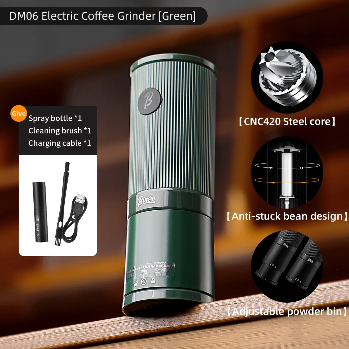 Bincoo Leyou Portable Electric Coffee Grinder, USB Rechargeable Adjustable Grind, Home Outdoor Portable Coffee Grinder