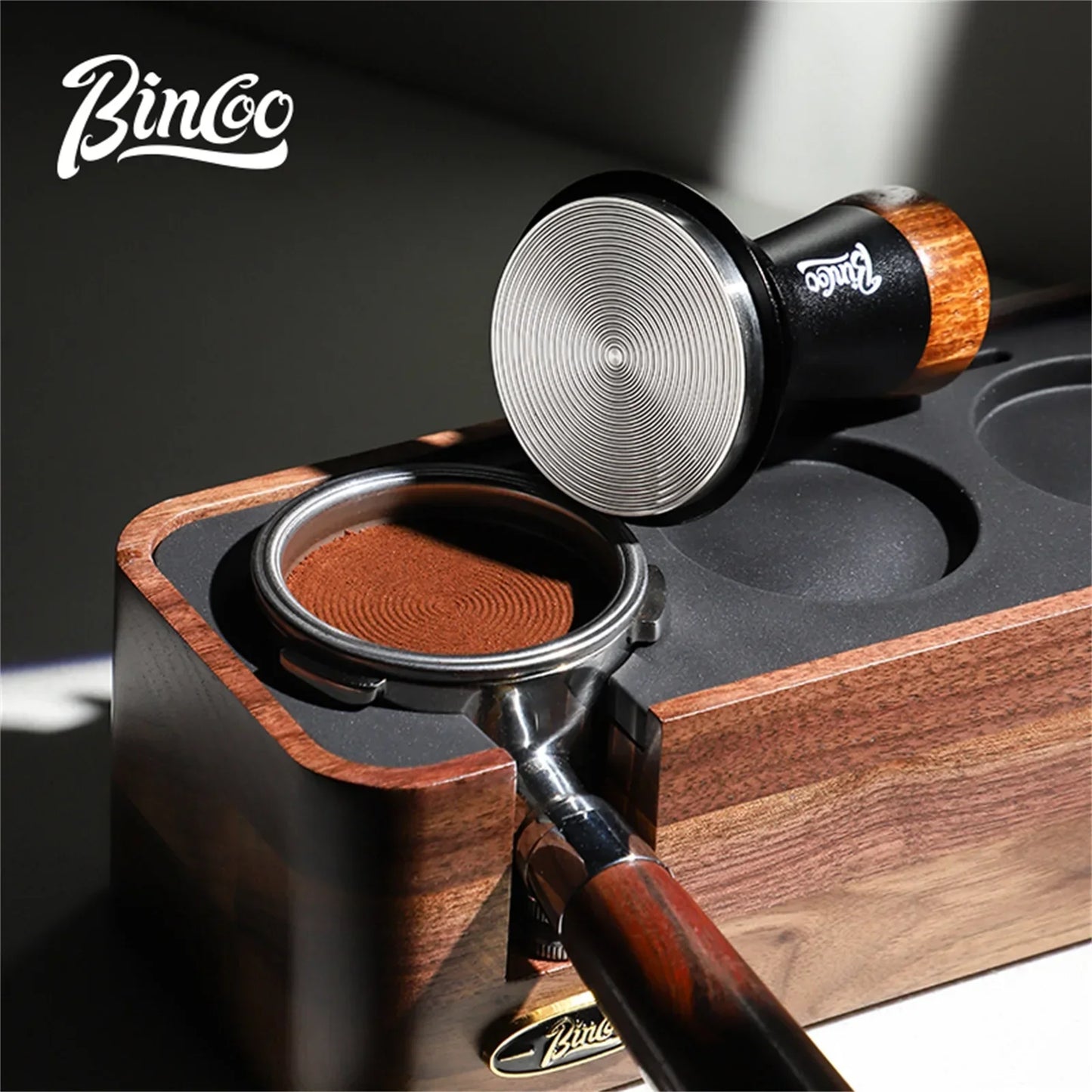Bincoo Professional Espresso Tamping Station Portafiler Holder Wood Base with Distributor&Tamper 51/58mm Coffee Barista Tool Set