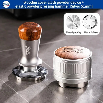 Bincoo 51/58MM Espresso Dispenser with Wooden Lid Adjustable Depth Coffee Masher Leveler Combination Set Home Barista Tools