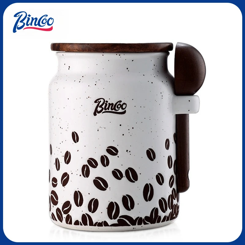 Bincoo Ceramic Coffee Bean Canister Sealed Jar Home Coffee Powder Storage Tank with Wooden Lid 500ML