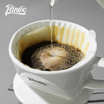 Bincoo Ceramic Trapezoid Coffee Dripper – Fan-Shaped 3-Hole Pour Over Filter Cone, Bonus 50PCS Filter Paper Included