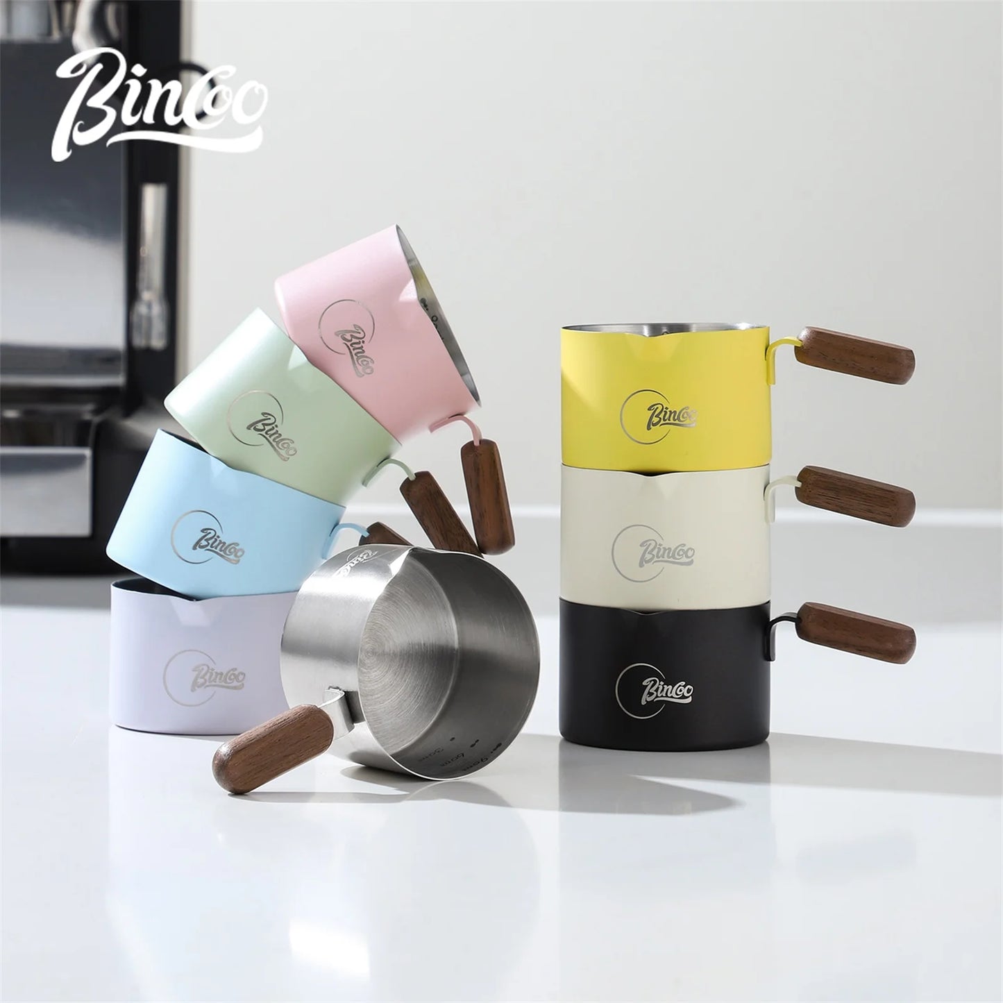 Bincoo Stainless Steel Espresso Measuring Cup With Wood Handle Espresso Shot Cup for Coffee Extraction and Milk Frothing Barista