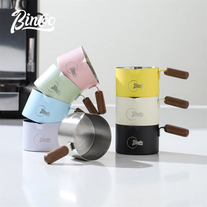 Bincoo Stainless Steel Espresso Measuring Cup With Wood Handle Espresso Shot Cup for Coffee Extraction and Milk Frothing Barista