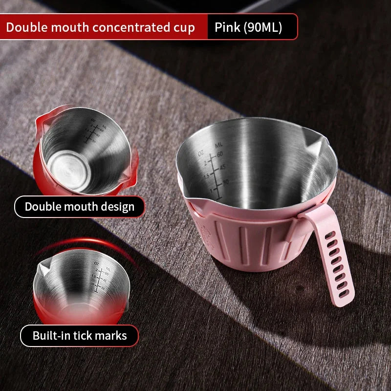 Bincoo 304SS Espresso Shot Glass with Silicone Sleeve 90ml Dual Spout Open Handle Measuring Cup for Coffee Extraction