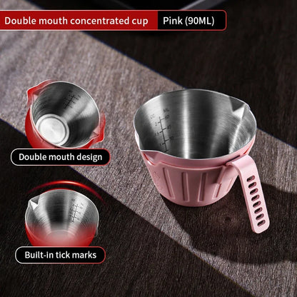 Bincoo 304SS Espresso Shot Glass with Silicone Sleeve 90ml Dual Spout Open Handle Measuring Cup for Coffee Extraction